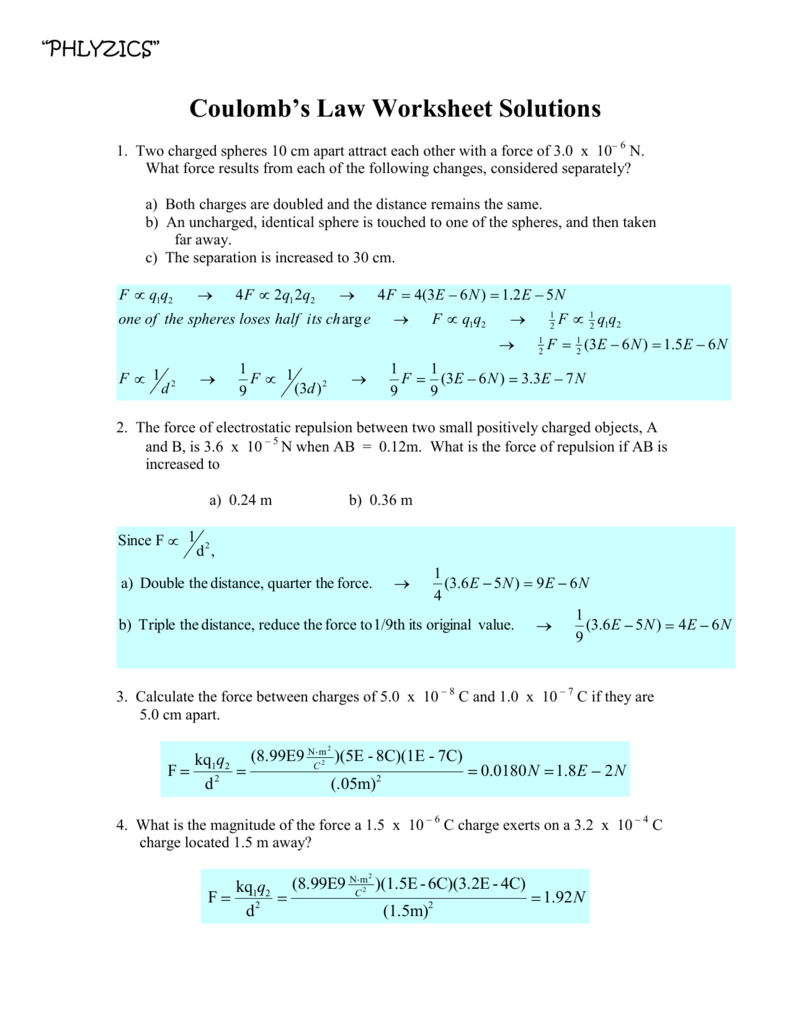 Coulomb s Law Worksheet Solutions