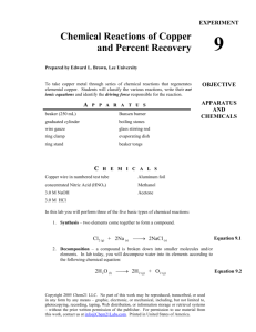 Chemical Reactions of Copper and Percent Recovery