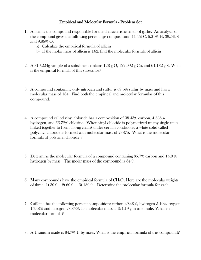 Empirical and Molecular Formula Worksheet With Empirical And Molecular Formulas Worksheet