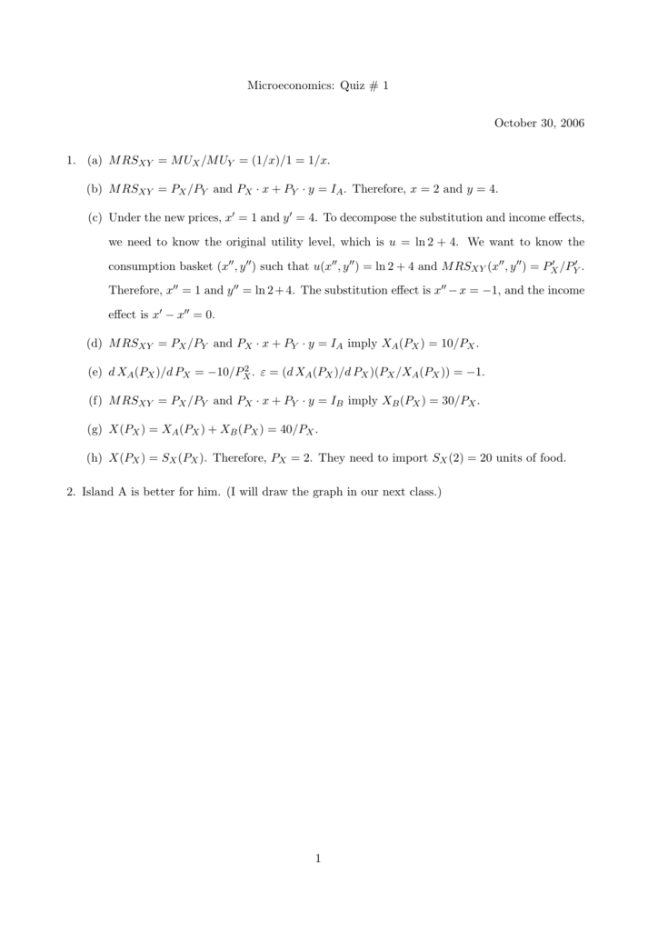 Microeconomics Quiz 1 October 30 06 1 A Mrs Xy Mu X