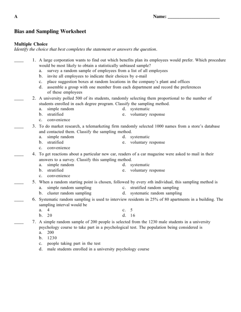 Bias And Sampling Worksheet