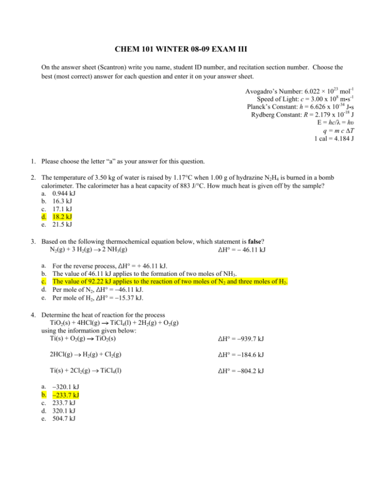 Chem 101 Exam 3 Winter 08 09