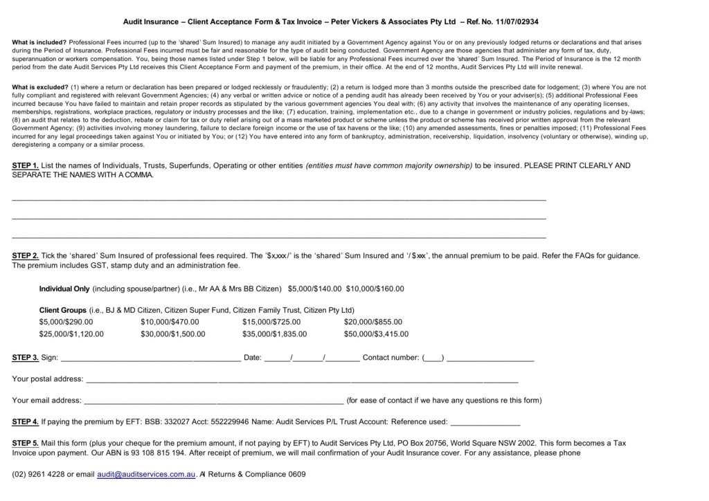 invoice form acceptance Tax Audit Peter Invoice & Insurance Client â€“ Acceptance â€“ Form
