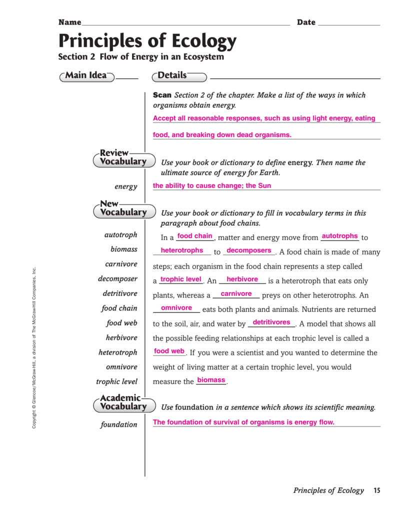 Principles of Ecology Inside Principles Of Ecology Worksheet Answers