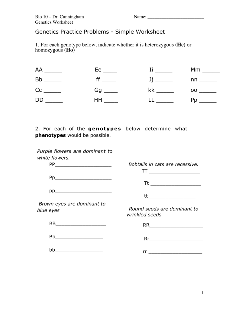 Genetics Practice Problems - Simple Worksheet 1. For each