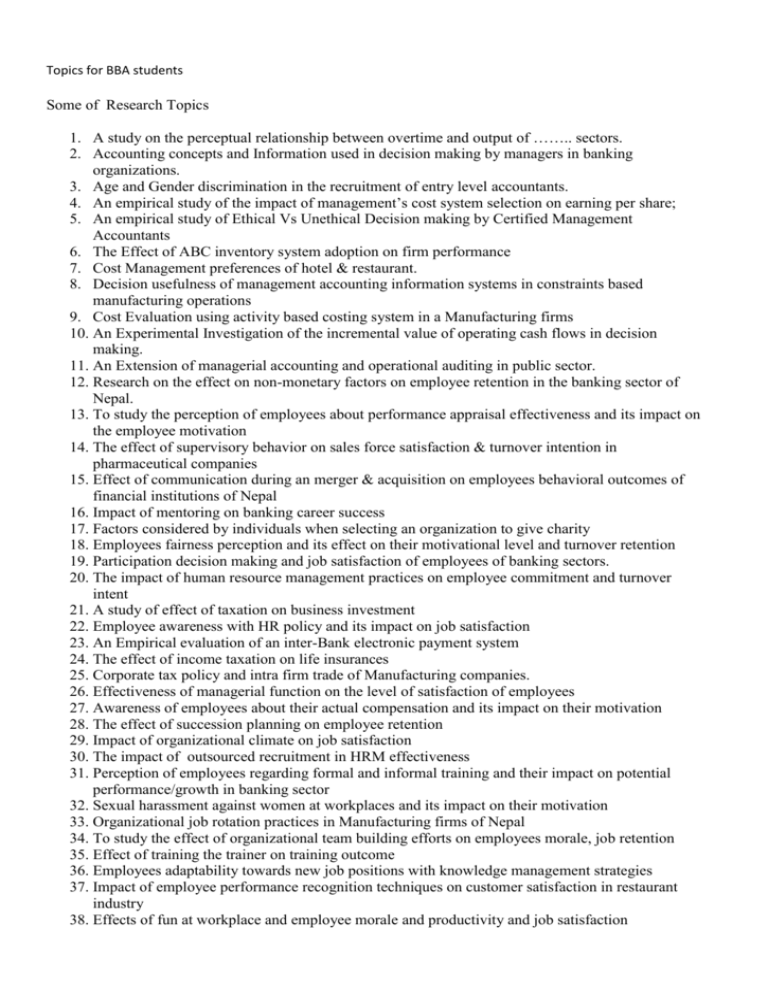 BBA Research Topics Accounting HRM Taxation Management