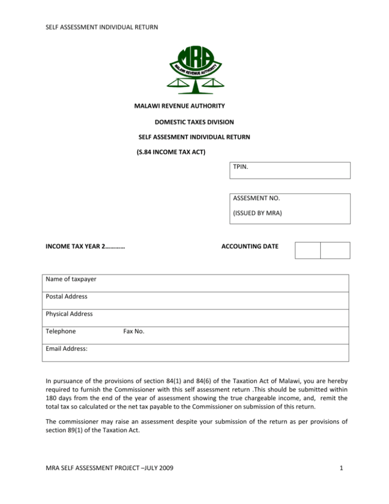 SELF ASSESSMENT INDIVIDUAL RETURN