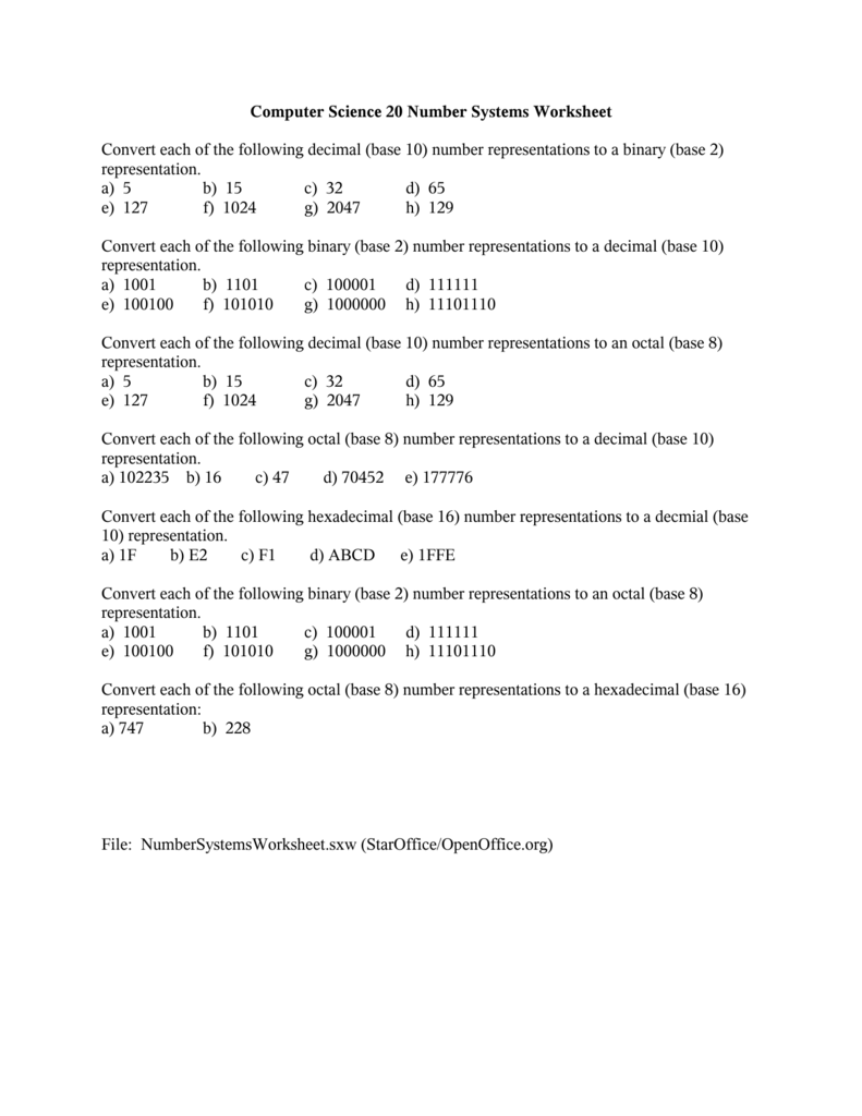 computer science 20 number systems worksheet ehc cs20