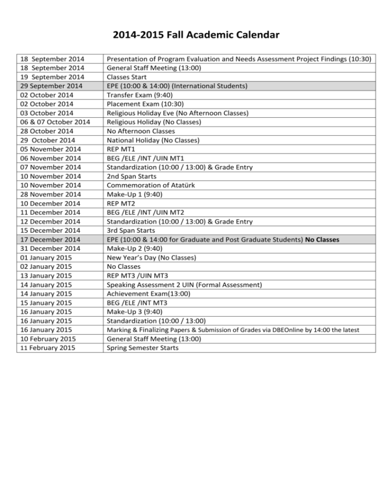 2014 2015 Fall Academic Calendar