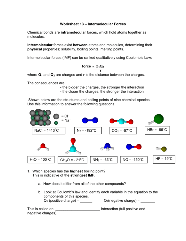 Worksheet 13 Intermolecular Forces Chemical Bonds Are