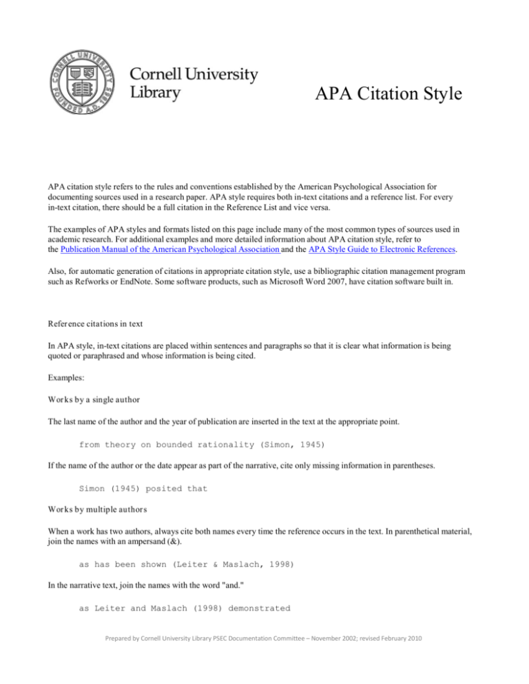 Apa Citation Style Cornell University Library