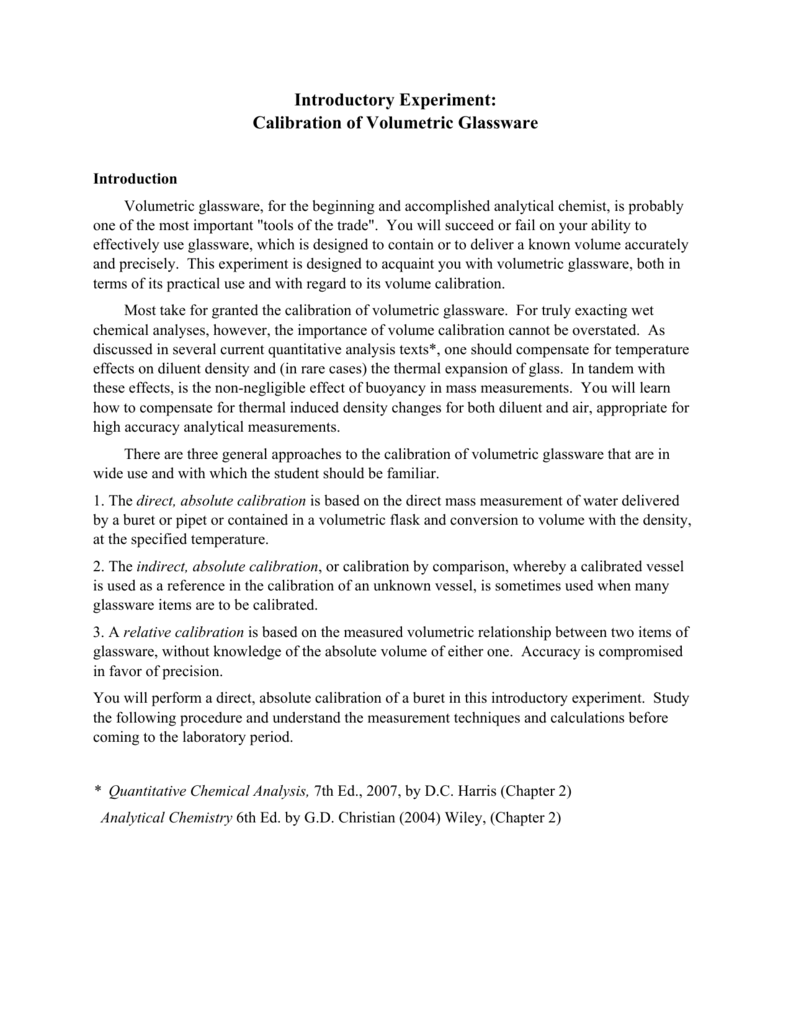 Introductory Experiment Calibration Of Volumetric Glassware