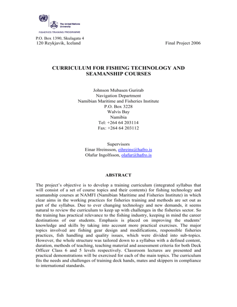 Fishing Coursework Examples Curriculum for fishing technology and seamanship courses