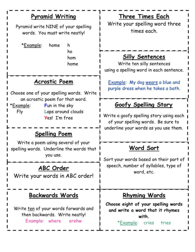 Spelling menu. Spell and write. Silly sentences for Goofy Grammar Lessons.