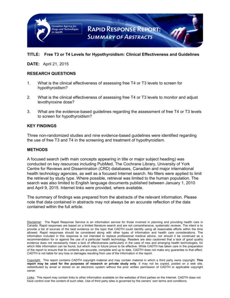 Free T3 or T4 Levels for Hypothyroidism