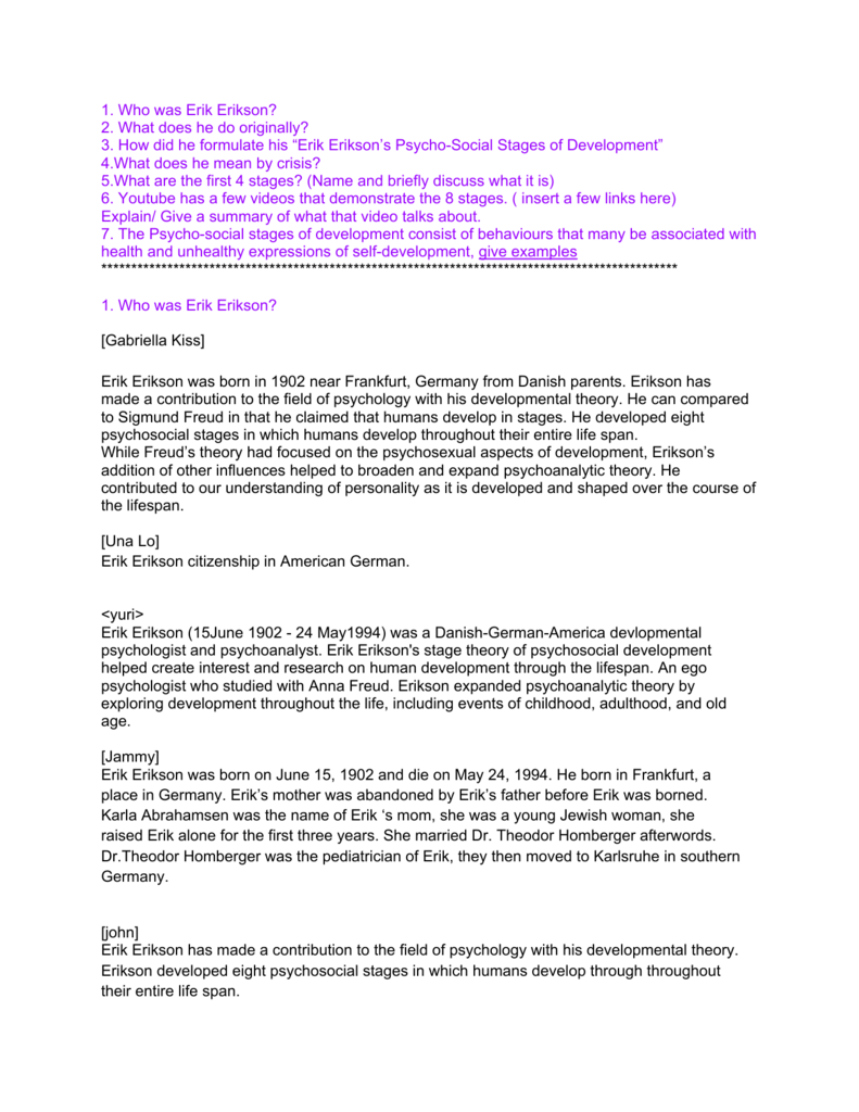 Erik Erikson 8 Stages Chart