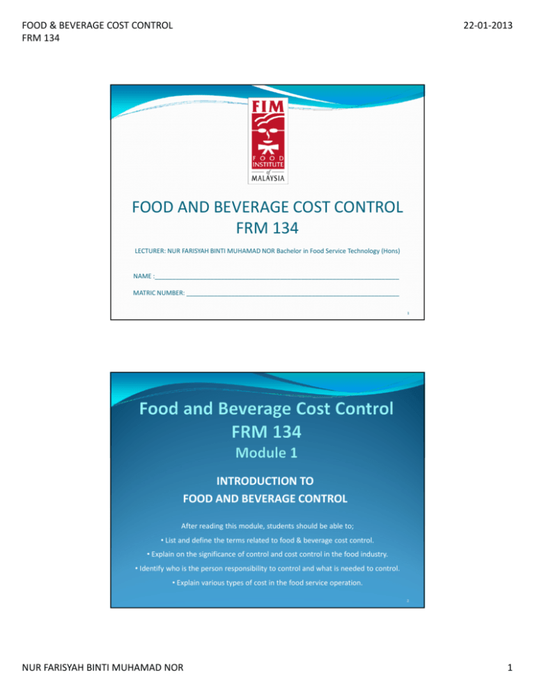 Food And Beverage Cost Control Frm 134