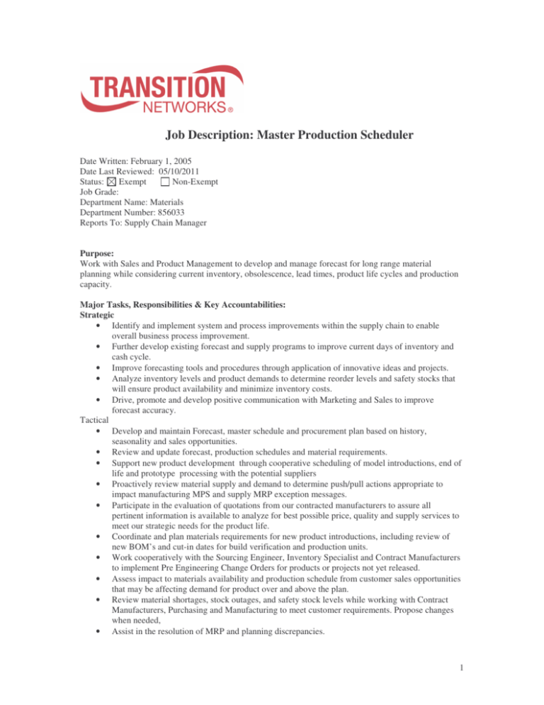 Job Description Master Production Scheduler