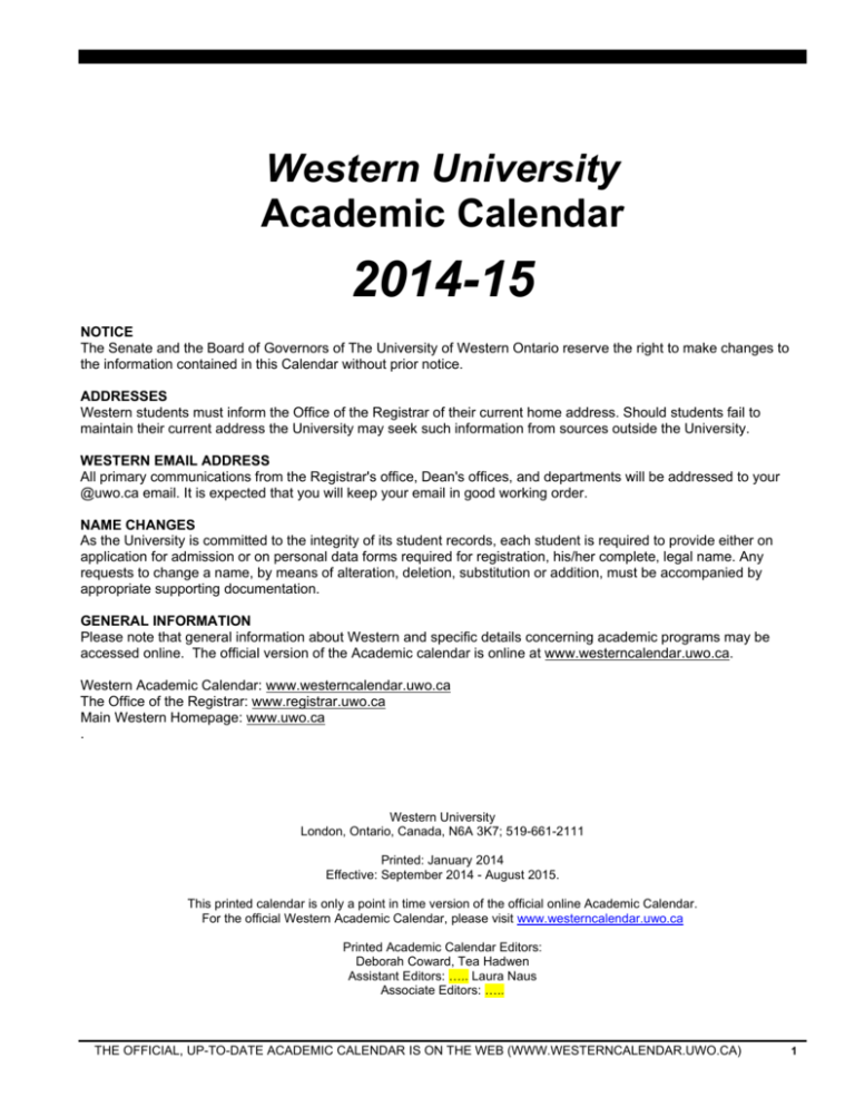 Academic Calendar University of Western Ontario