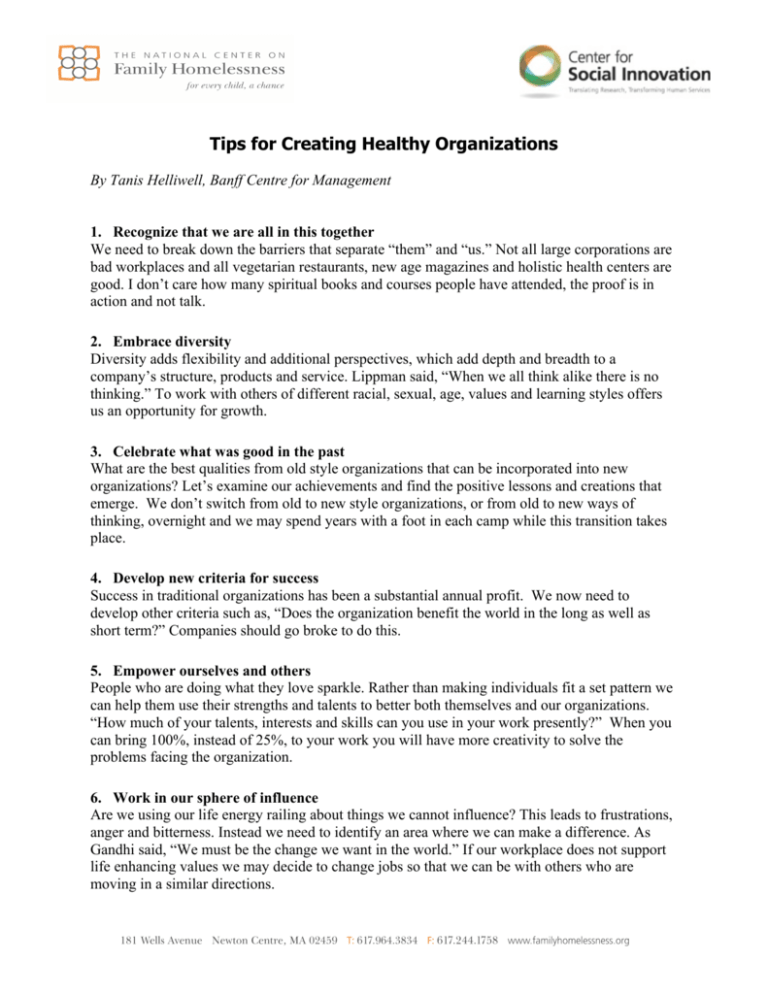 Tips for Creating Healthy Organizations