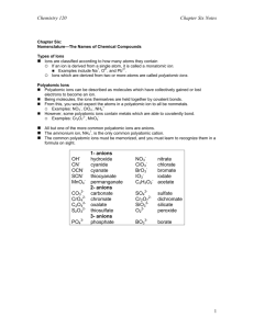 Chemistry 120 Chapter Six Notes 1 1- anions OH