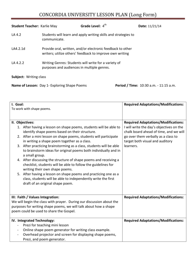 CONCORDIA UNIVERSITY LESSON PLAN (Long Form)