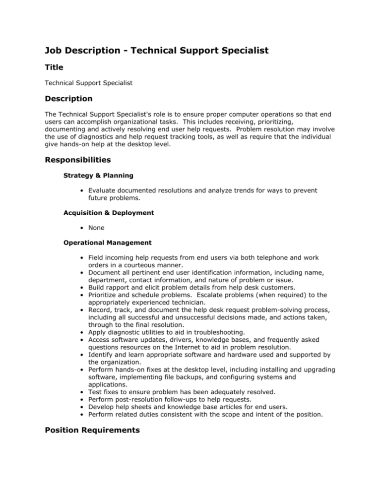 Job Description Technical Support Specialist