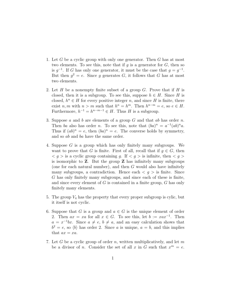 1 Let G Be A Cyclic Group With Only One Generator Then G Has At