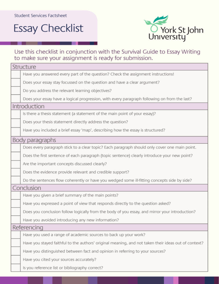 english literature essay checklist