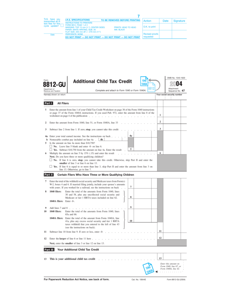 Form 8812 GU Additional Child Tax Credit 2004