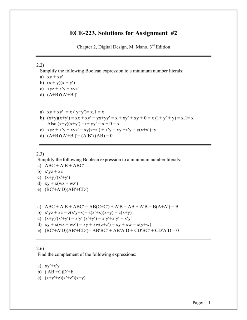 Ece 223 Solutions For Assignment 2