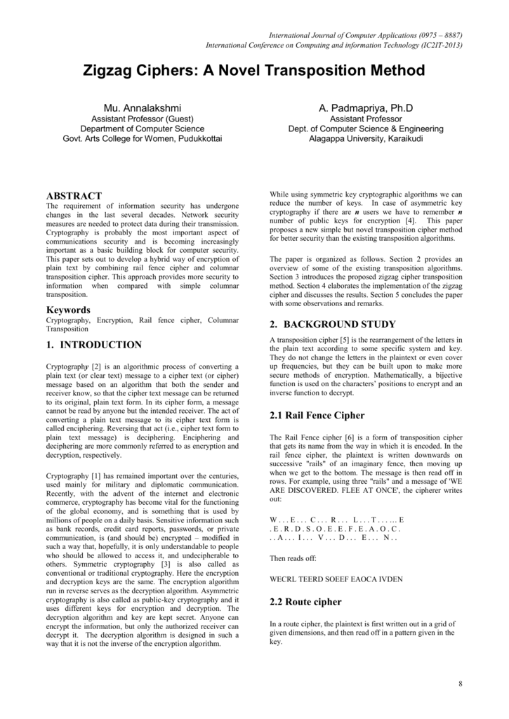 Zigzag Ciphers A Novel Transposition Method