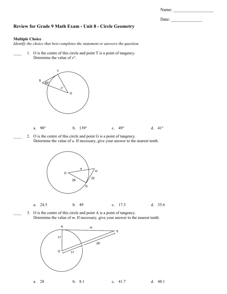 Review for Grade 9 Math Exam Unit 8