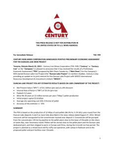 Century Iron Mines Corporation Announces Positive Preliminary