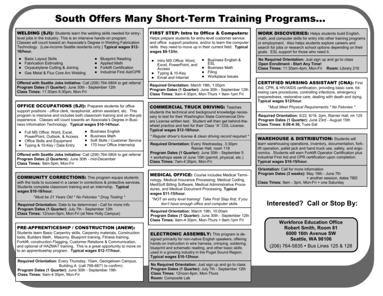 South Offers Many Short Term Training Programs
