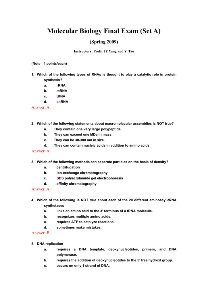 Molecular Biology Final Exam (Set A)