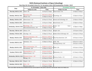 nios-october 2015 examination, customized date sheet