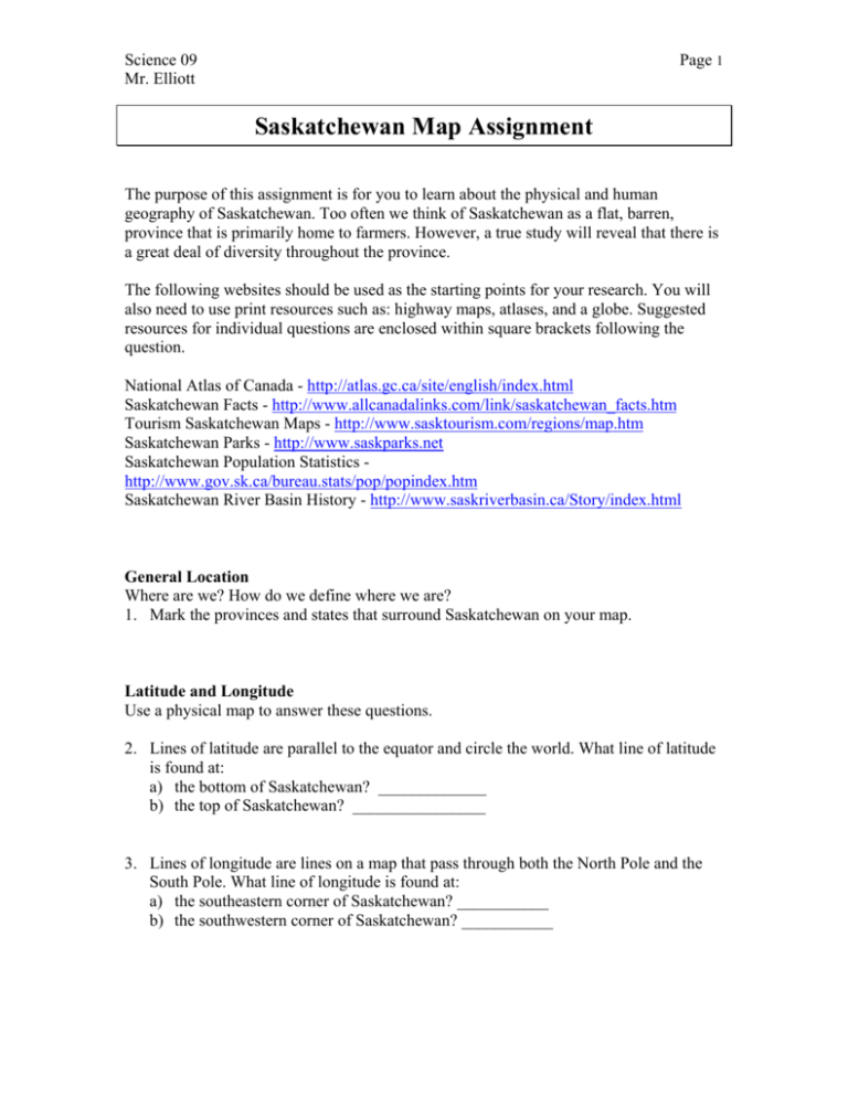 Saskatchewan Map Assignment