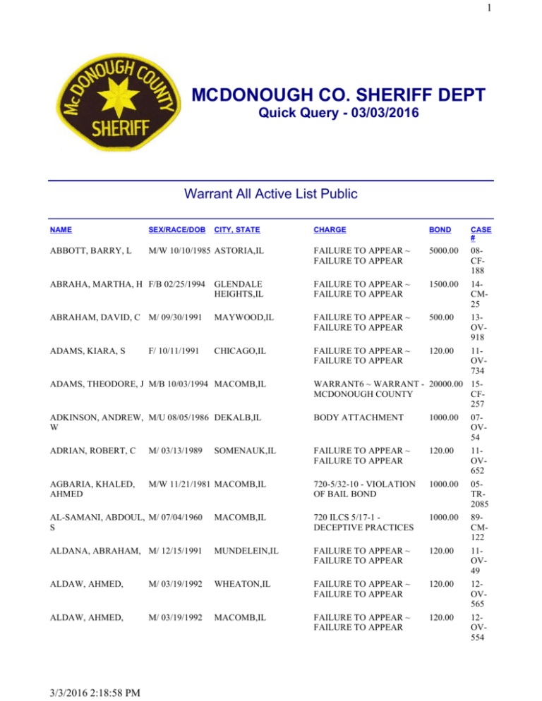 Warrant List McDonough County Sheriff's Office