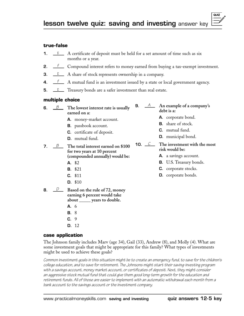 lesson twelve quiz: saving and investing answer key Within Saving And Investing Worksheet