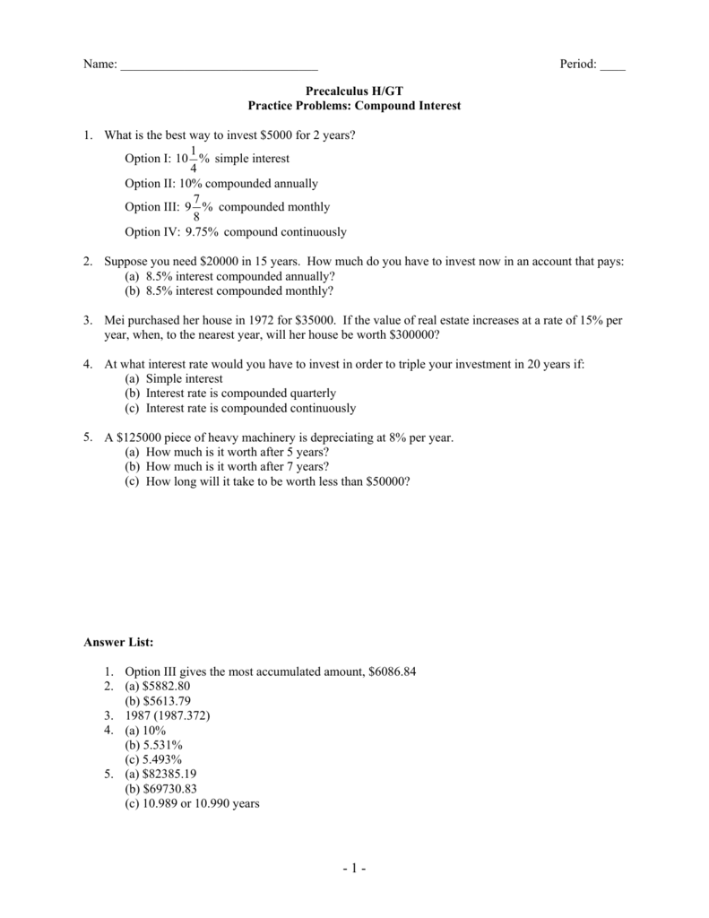 Practice Quiz Compound Interest [with answers] Within Simple Interest Worksheet Pdf