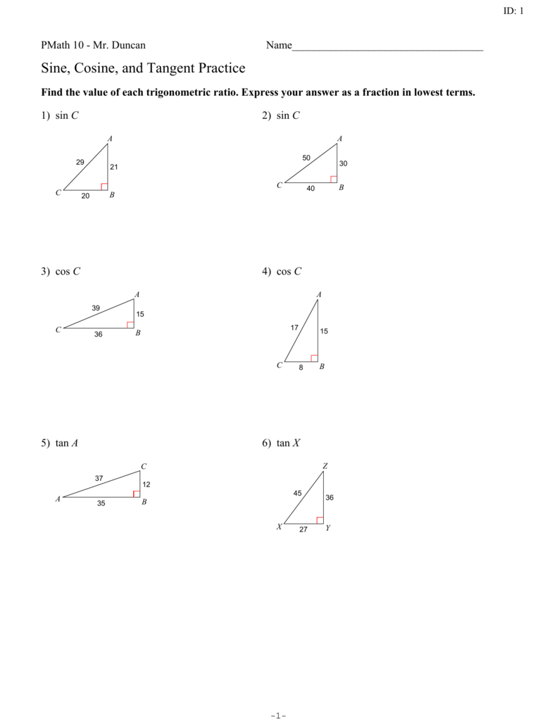 Sine, Cosine, and Tangent Practice For Trigonometric Ratios Worksheet Answers