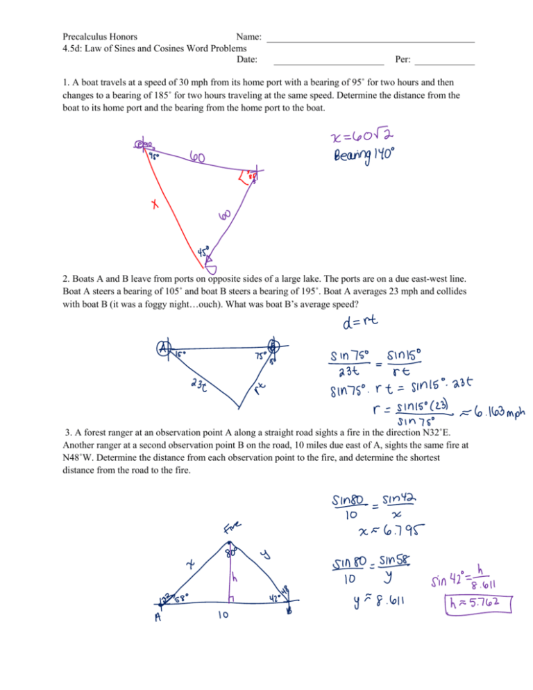 Precalculus Honors Name 4 5d Law Of Sines And Cosines Word