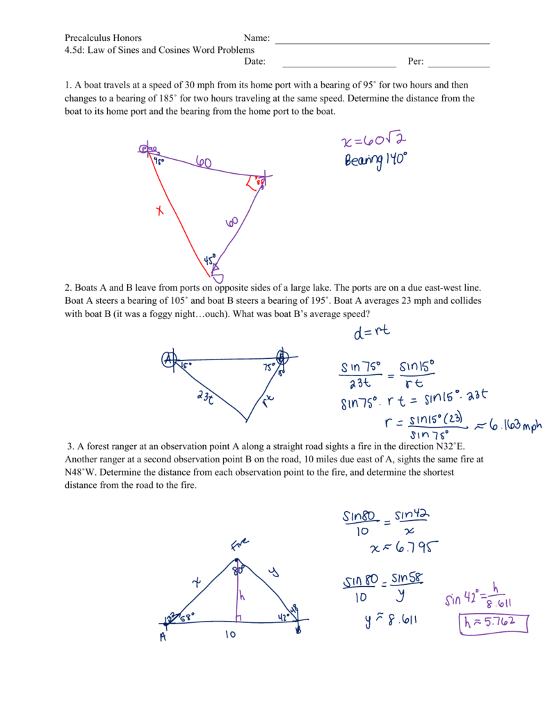 Precalculus Honors Name: 24.24d: Law of Sines and Cosines Word Intended For Law Of Cosines Worksheet