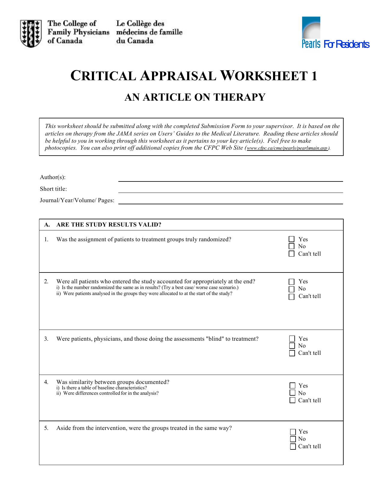 CRITICAL APPRAISAL WORKSHEET 1