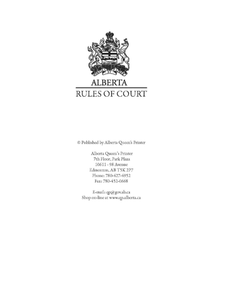 Alberta Rules of Court Alberta Queen's Printer