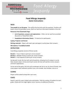 Food Allergy Jeopardy - Questions and Answers and Instructions