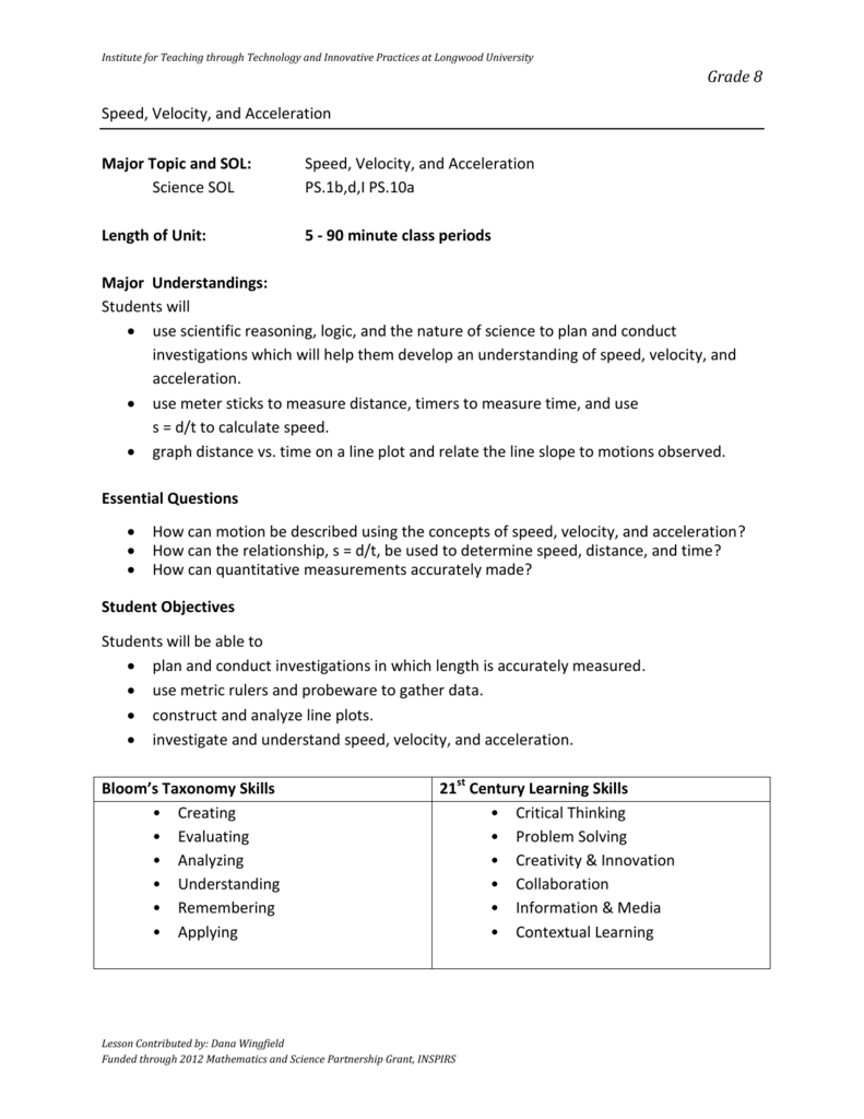 Grade 22 Speed, Velocity, and Acceleration Major Topic and SOL For Determining Speed Velocity Worksheet