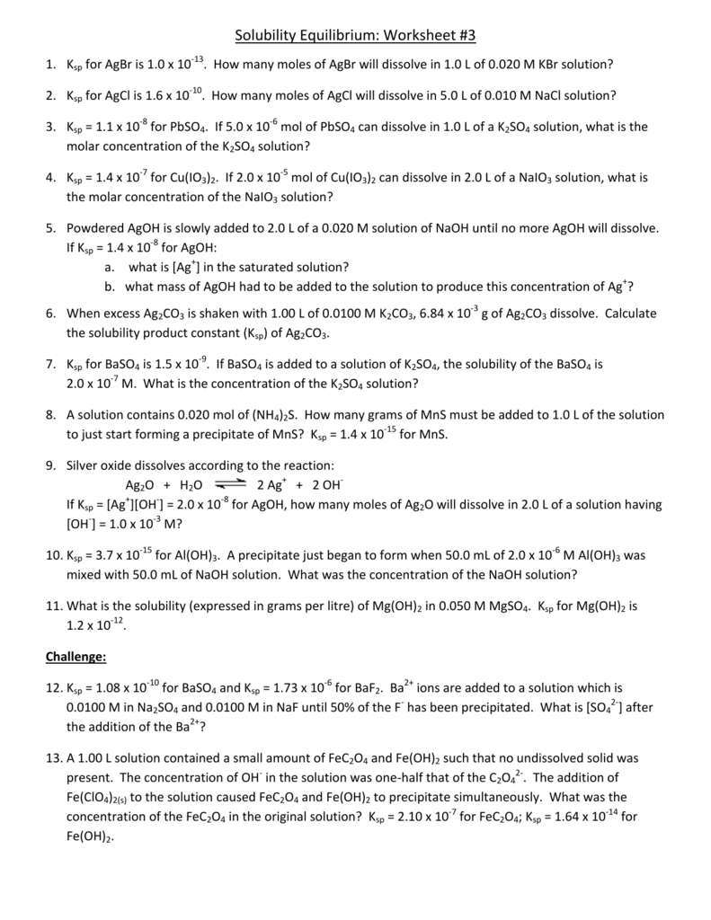 Solubility Equilibrium Worksheet 3