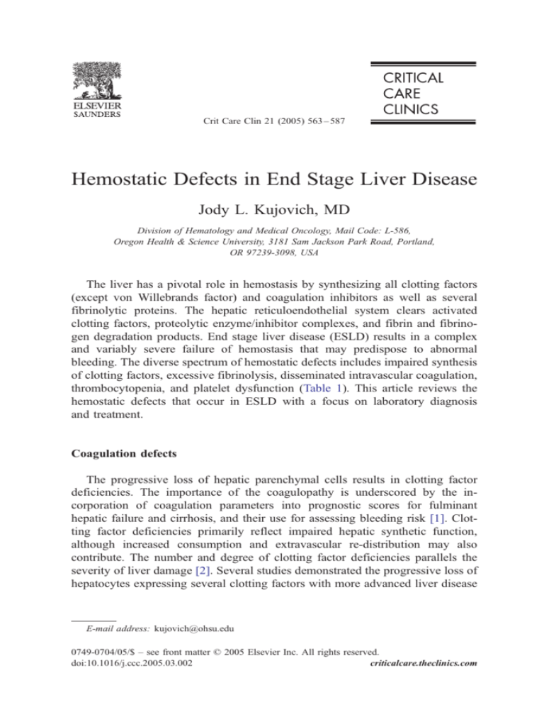 Hemostatic Defects in End Stage Liver Disease